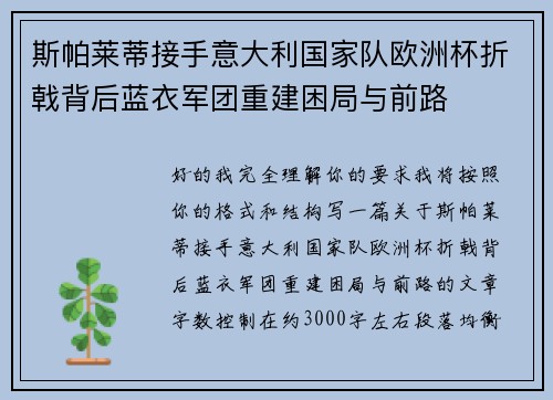斯帕莱蒂接手意大利国家队欧洲杯折戟背后蓝衣军团重建困局与前路 斯帕莱蒂接手意大利国家队欧洲杯折戟背后蓝衣军团重建困局与前路
