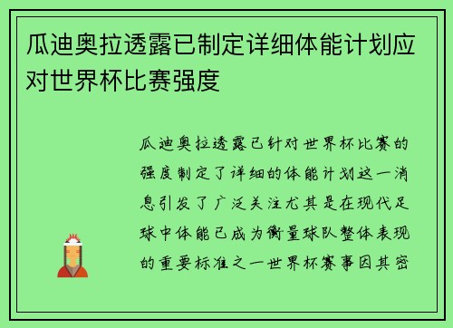 瓜迪奥拉透露已制定详细体能计划应对世界杯比赛强度